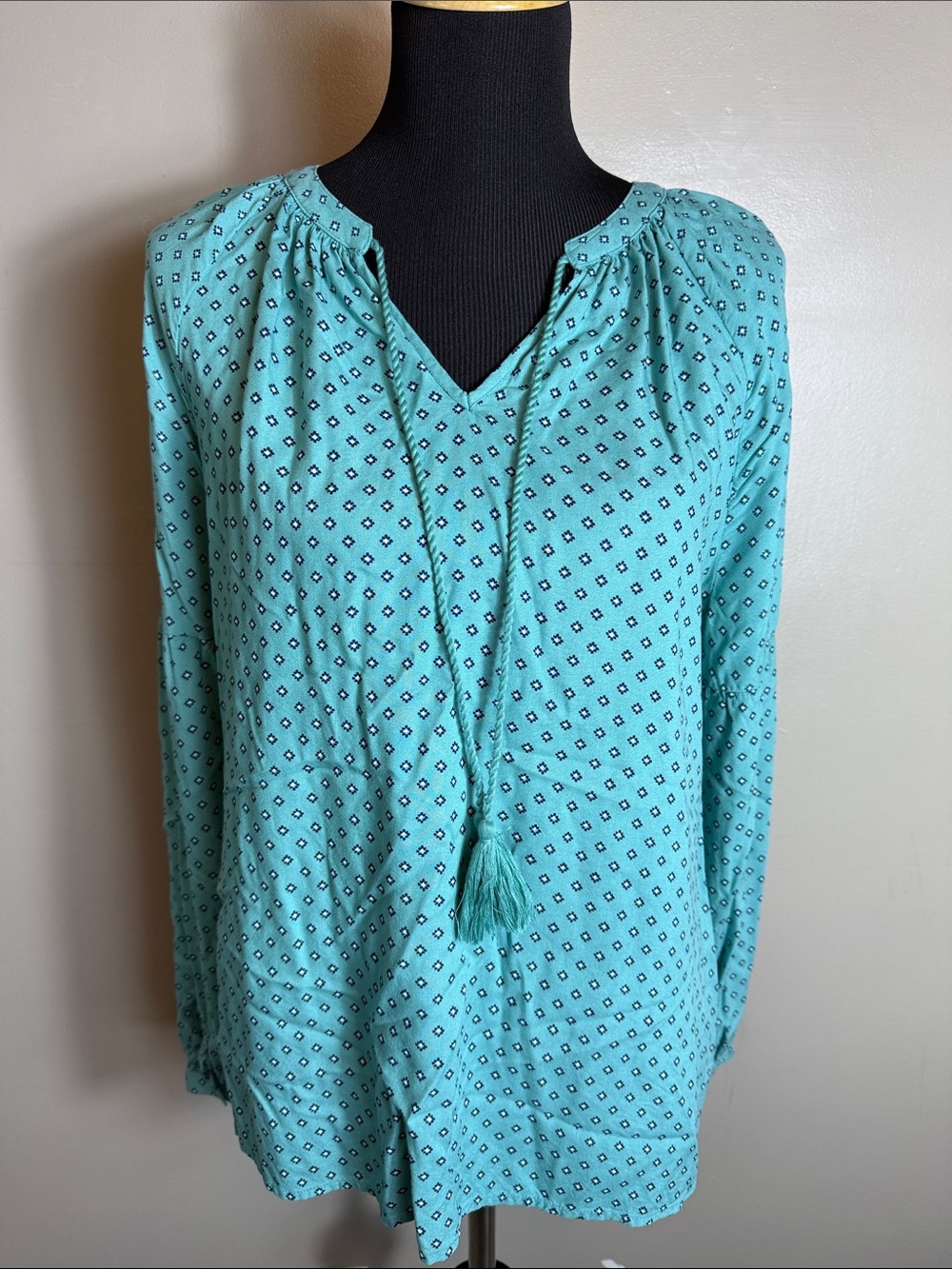 Basic Editions Women’s Teal Geometric Peasant Blouse Sz L